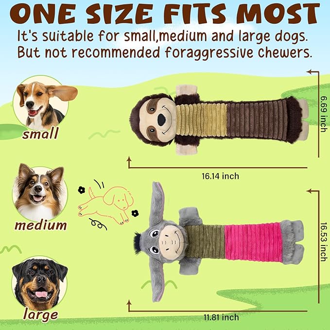2 Pack No Stuffing Dog Squeaky Toys,Dog Chew with Crinkle and Squeaker,Cute Animal Plush to Keep Them Busy, Suitable for Large, Medium and Small Breeds (Donkey&Sloth