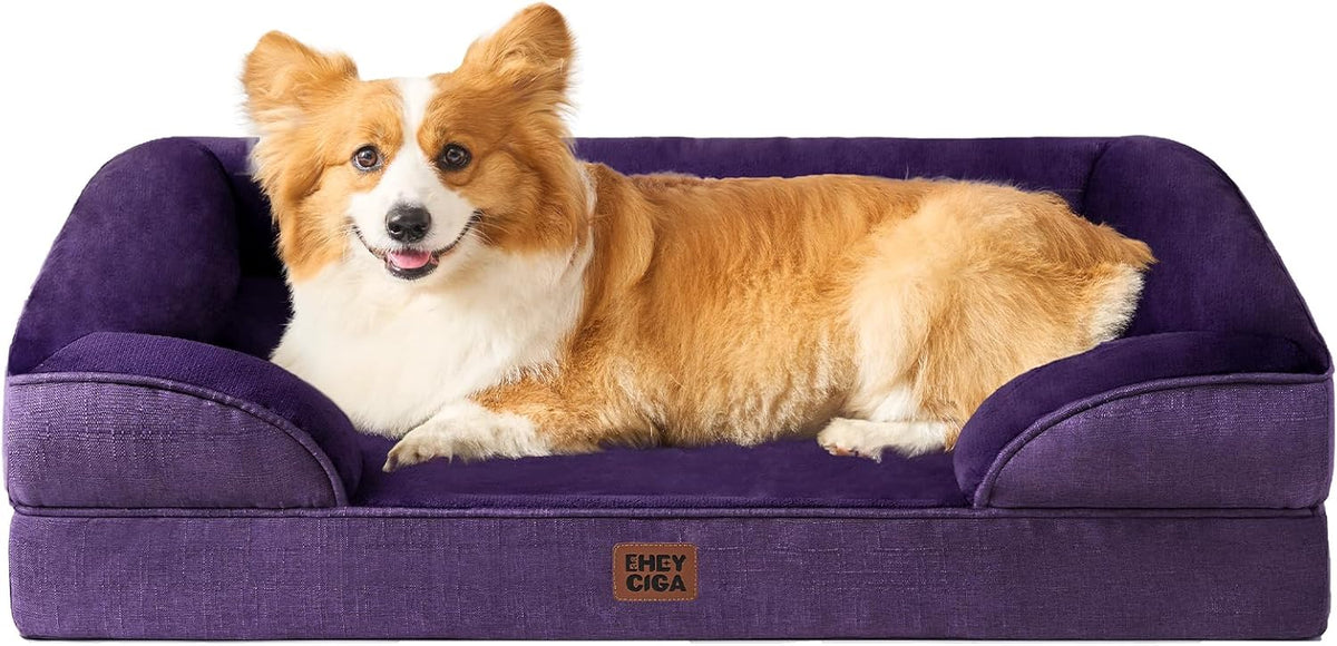 EHEYCIGA Orthopedic Dog Beds for Large Dogs, Waterproof Memory Foam Large Dog Bed with Sides, Non-Slip Bottom and Egg-Crate Foam Pet Couch Bed with Washable Removable Cover, Purple