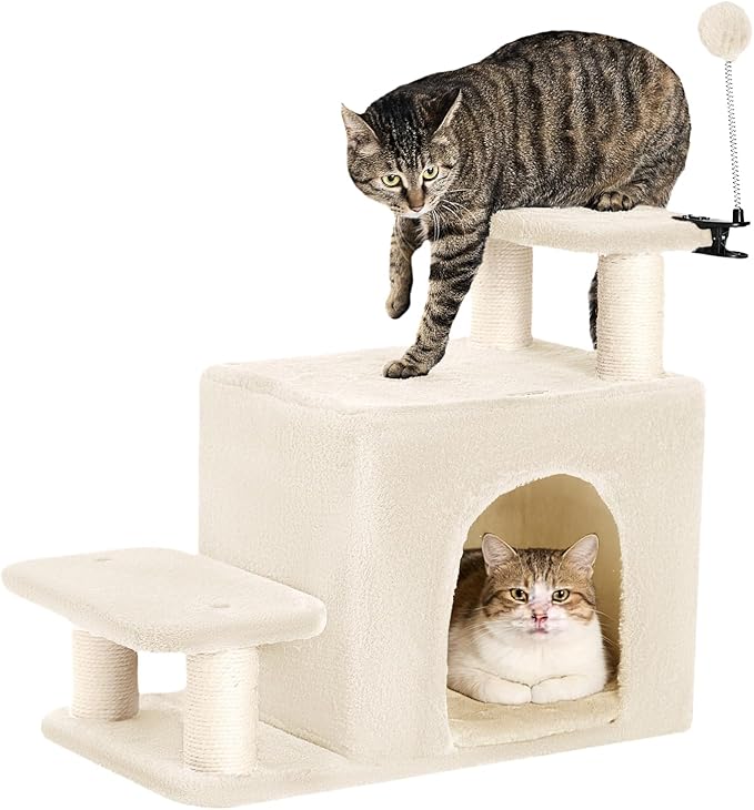 Happi N Pets Dog Stairs with Cat Scratching Post & Large Condo, Stable Pet Steps for High Beds Couch, 3 Combinations Cat Ramp Tree Tower for Cats or Small Dogs, Removable Cushion & Bonus Toy, Beige
