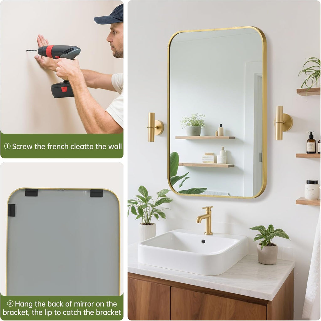 FARMER 20x30 Inch Gold Bathroom Mirror, Rectangle Vanity Mirror, Brushed Mirrors for Wall, Metal Frame Hanging Mirror with Round Corner for Bedrooms, Entryways, Living Rooms, Horizontal/Vertical