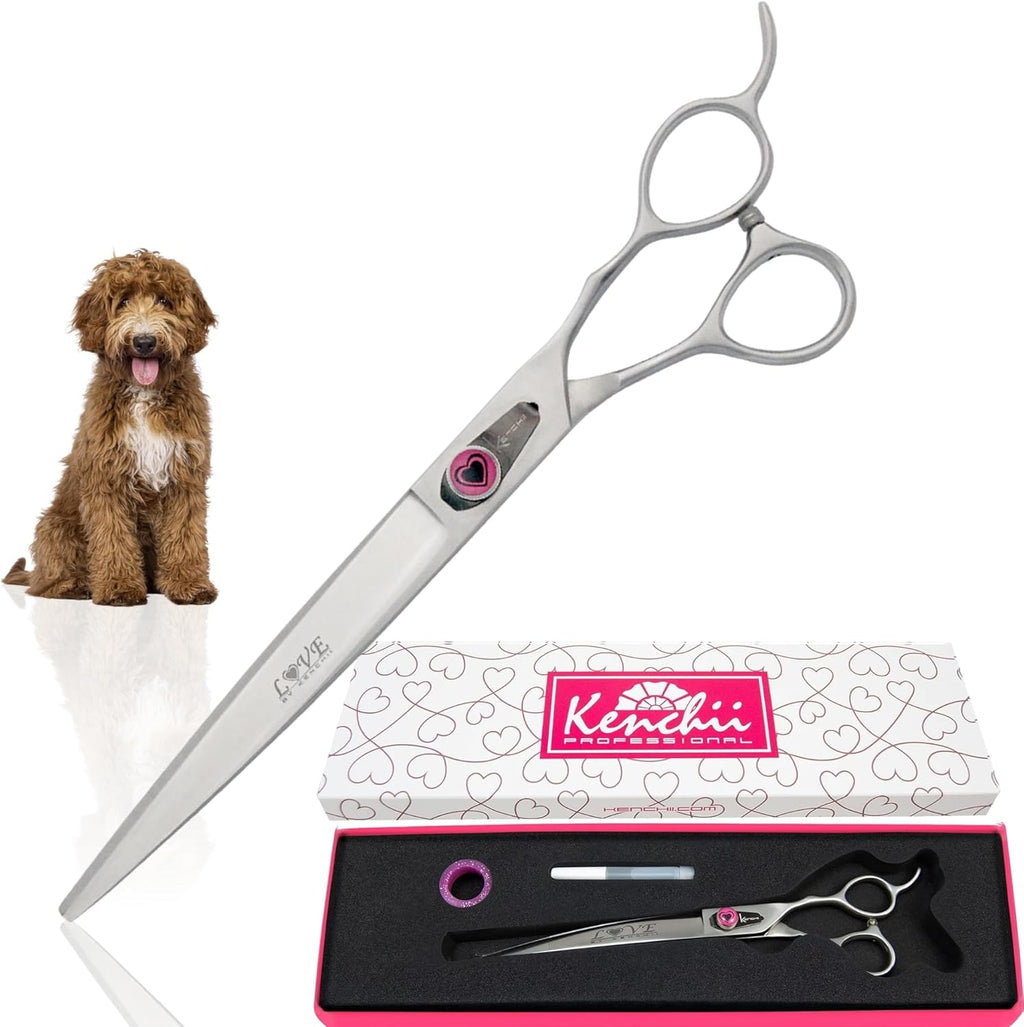 Kenchii Love Left Handed Dog Grooming Scissors, 8 Inch Curved Shears, Dog Scissors for Grooming, Professional Pet Grooming Scissors, Ergonomic & Comfortable