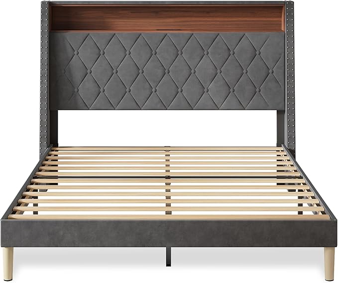 WLIVE Queen Size Upholstered Bed Frame with Storage Headboard, Velvet Square Tufted Platform Bed with Charging Station, Sturdy Metal & Wooden Slats Support, No Box Spring Needed, Grey