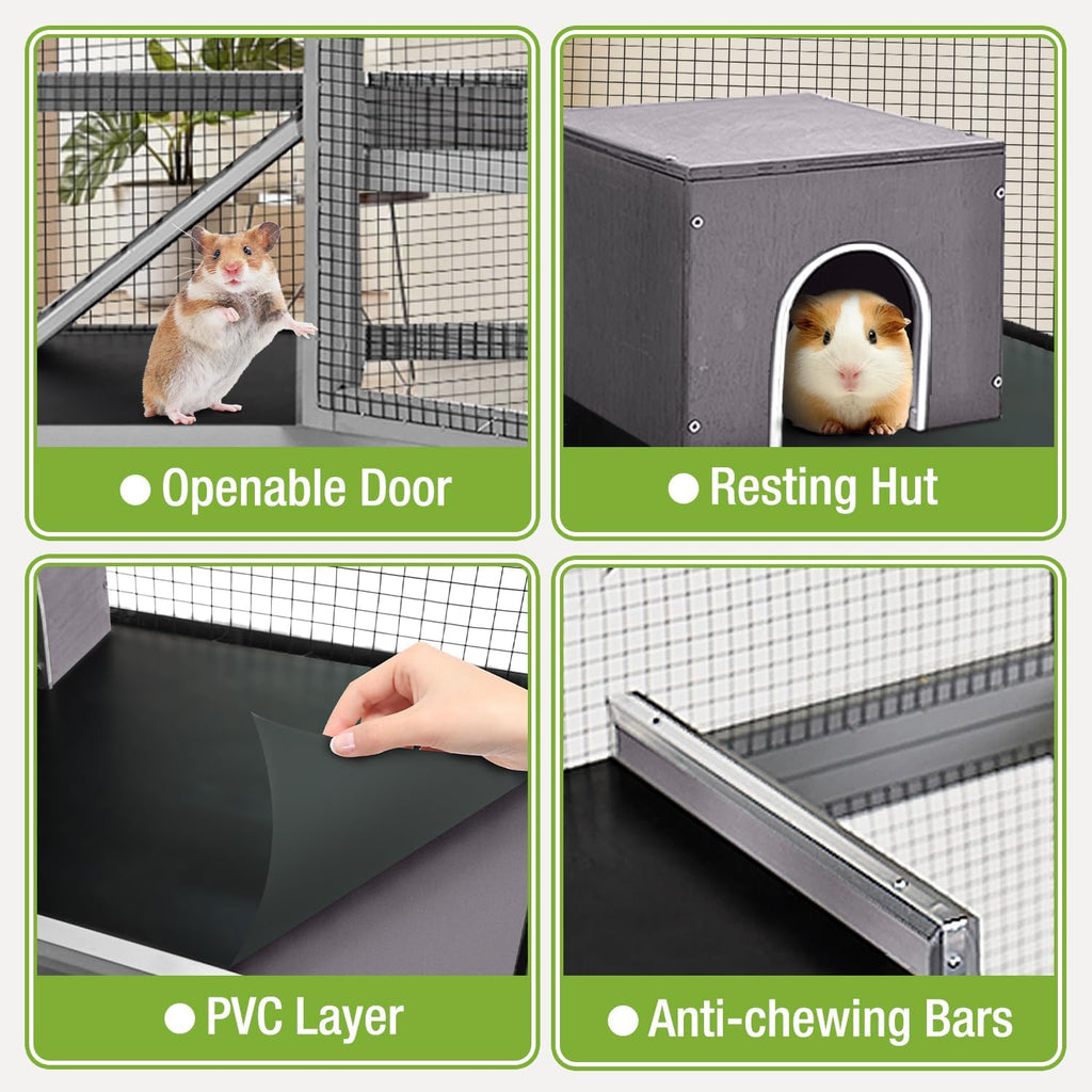 Large Ferret Cage, Chinchilla Cage with 5 Levels, Wooden Guinea Pig Cages with Wheels, Small Animal Cages with Ramp, Hideout, Pull Out Tray, for Rat, Hamster, Hedgehog