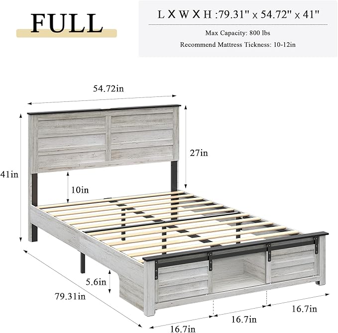 Wooden Bed Frame Full Size with Headboard & Sliding Barn Door Storage Footboard, Farmhouse Platform Bedframe with Charging Station, No Box Spring Needed, Boho White