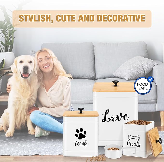 Metal Dog Treat Containers Set of 3 with Bamboo Lids and Spoon Airtight 7+3+2 lbs Dog Food Snack Jars with DIY Labels Big Pet Cookie Storage Jar for Kitchen Counter(White,Modern)