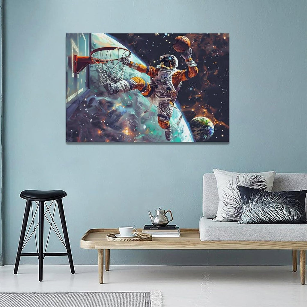 Quorin Astronaut Wall Art Funny Spaceman Basketball Pictures Space Galaxy Planet Wall Decor Canvas Print Painting Artwork for Bathroom Living Room Bedroom 16"x24"
