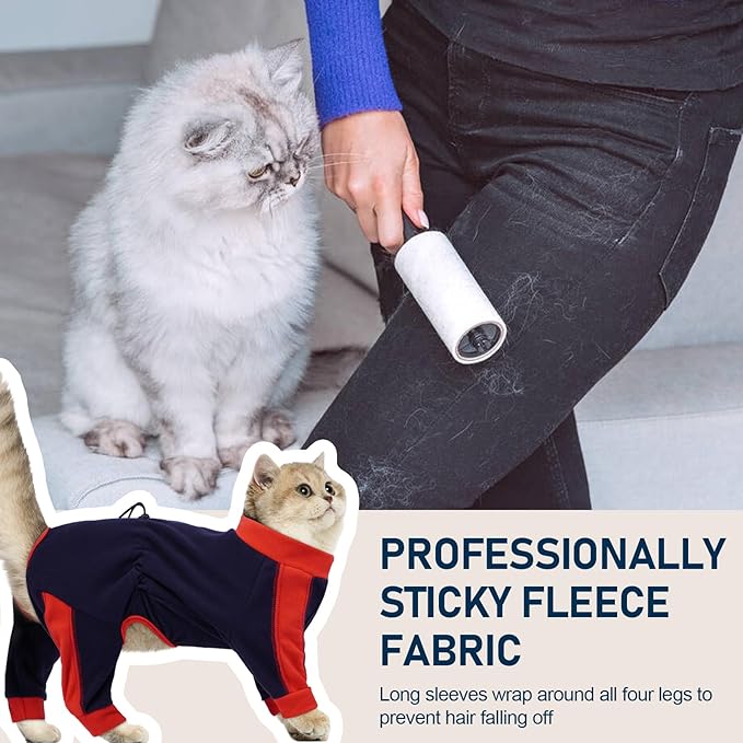 Cat Pajamas for Cats Only, Sticky Hair Cat Clothes, Long Sleeve Sphynx Clothes, Anti-Licking or Skin Disease Recovery Suit for Female Cats, Kitten Onesie Pajamas, DarkBlue, XS