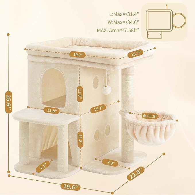 Heybly Cat Tree, 25.6-inch Cat Tower with Spacious Top Perch for Large Cats, Stair-Style Cat House Furniture with Dual-Layer Condos, Sisal Scratching Posts, Cozy Basket & Pompom, Beige HCT204SM