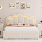 HOSTACK Full Upholstered LED Bed Frame with Storage Drawers, Cute Girls Bed with Adjustable Lotus Headboard, Velvet Princess Platform Bed Frame, Wooden Slats Support, No Box Spring Needed, Cream