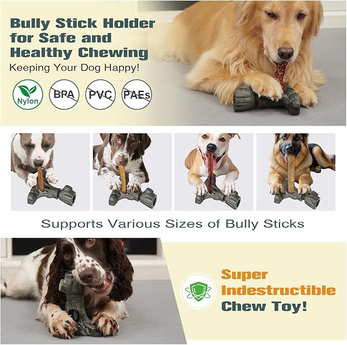 Tree Stump Dog Puzzle Toy for Medium/Large Dogs – Interactive Chew Toy with Frozen Treat Molds & Peanut Butter Grooves, Tree Trunk Bully Stick Holder for Dogs, Fits Various Bully Sticks