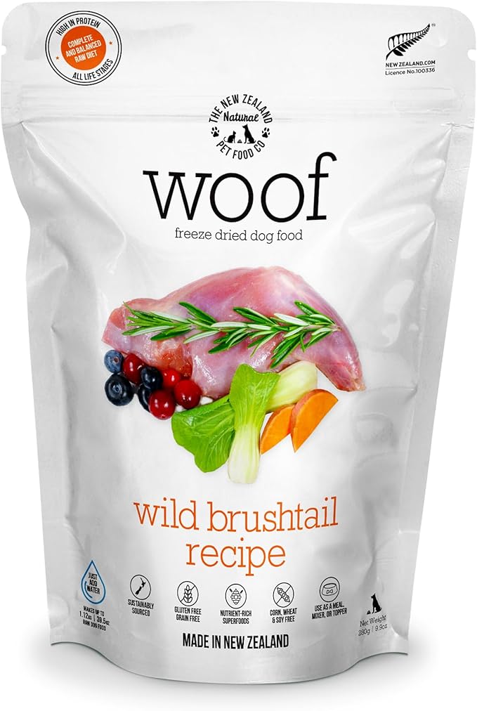 The New Zealand Natural Pet Food Co Woof Wild Brushtail Freeze Dried Raw Dog Food, Mixer, or Topper, or Treat - High Protein, Natural, Limited Ingredient Recipe - 9.9 oz