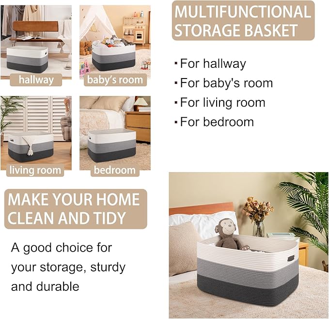 OIAHOMY Large Blanket Basket For Living Room, Rectangle Woven Baskets for Storage, Nursery Toy Storage With Handle-22”x17”x12”-Gradient Dark Grey