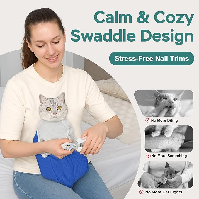 Self-Adhesive Cat Grooming Wrap, Cozy Cat Wrap for Cutting Nails, Breathable Anti-Scratch Cat Swaddle Bag for Brushing, Ear Cleaning, Dental Care, Medication, Injections,Blue L