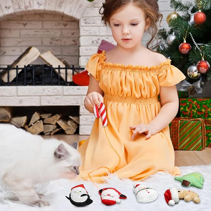 FOIMAS 6pcs Christmas Catnip Toys,Xmas Cat Toys Plush Santa Claus Snowman Tree Interactive Chew Bite Toys for Cat Kitten Indoor