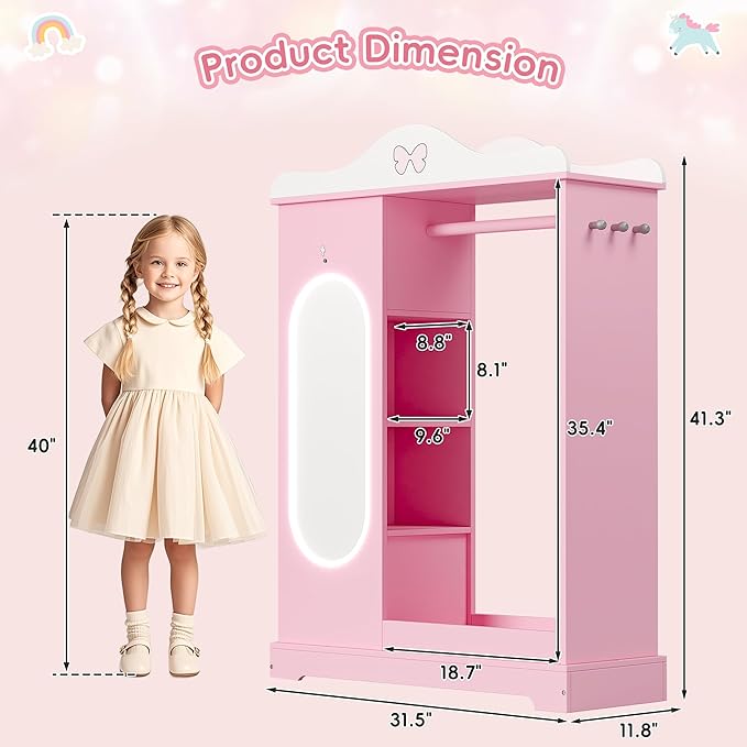Xilingol Kids Armoire with a Jewelry Cabinet, Princess Dress Up Closet with Mirror, Kids Wardrobe Closet with Storage Shelves, Armoire Costume Organizer for Bedroom, Kids Room, Girl (Pink)