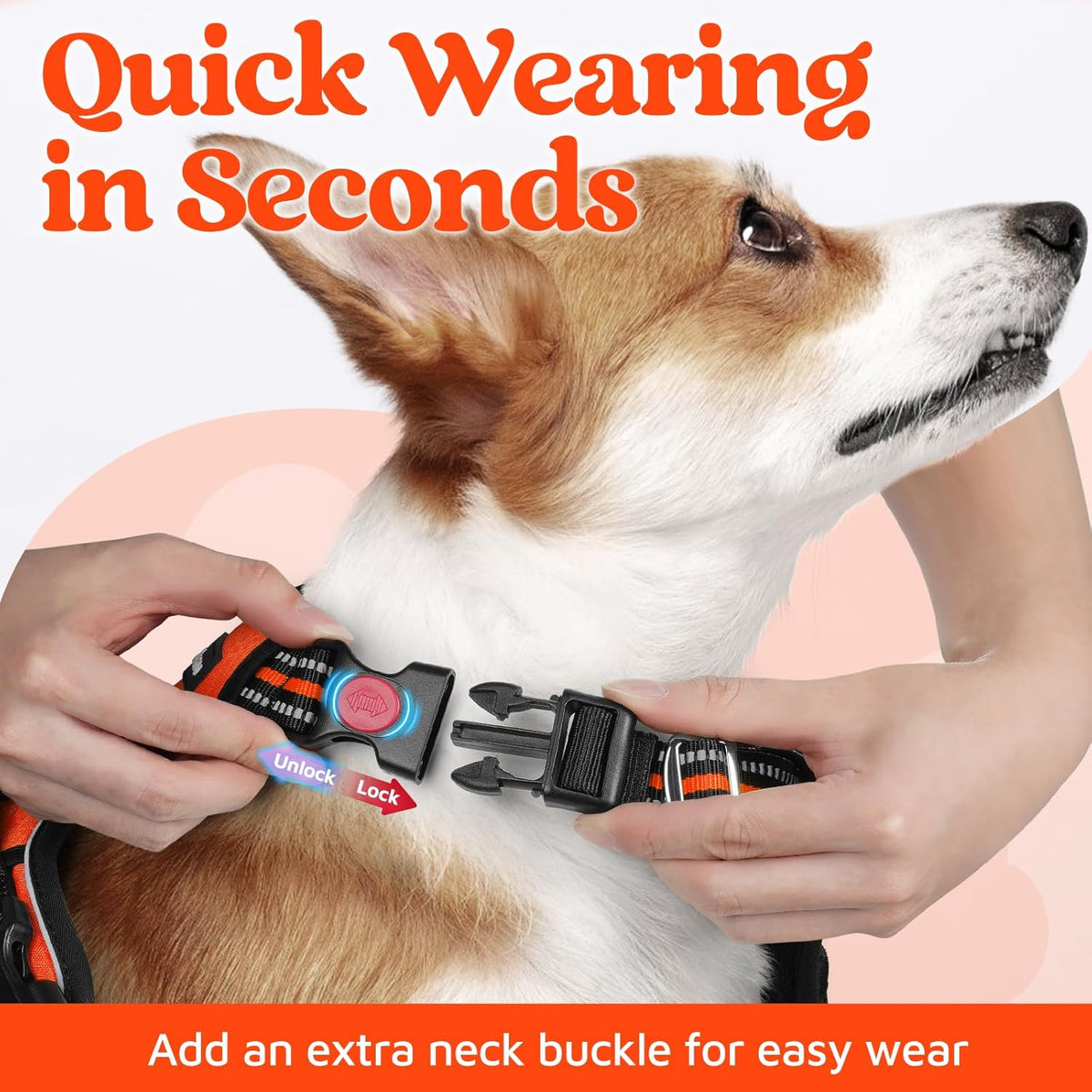 rabbitgoo Dog Harness for Large Dogs, No Pull Pet Vest with 3 Buckles, Adjustable Soft Padded Pet Harness with Easy Control Handle and Reflective Strips, Orange, XL