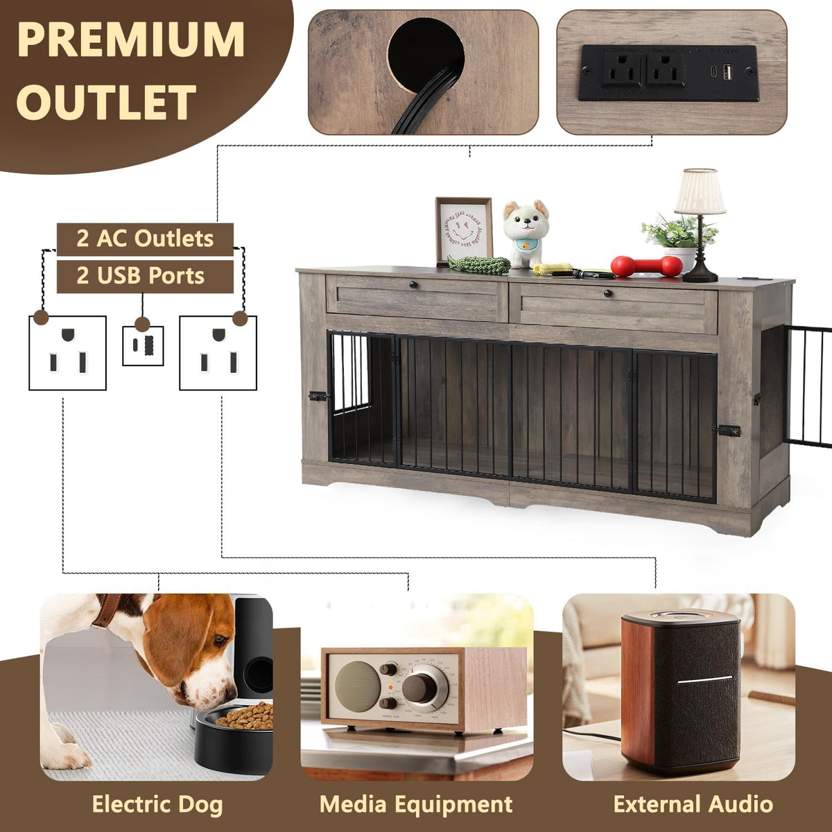 Large Dog Crate Furniture-Decorative Heavy Duty Dog Cage Indoor, Wooden Dog Cage End Table with Charging Station, Dog House with 2 Drawers (Gray, 70.86''L)