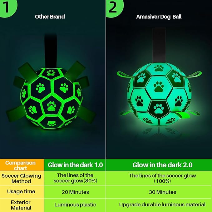 Amasiver Glow in The Dark Dog Toys - 8 Inch Upgraded Interactive Light Up Soccer Balls, World Cup Dogs Football, Outdoor Tug Toys for Medium & Large Dogs Birthday Gifts