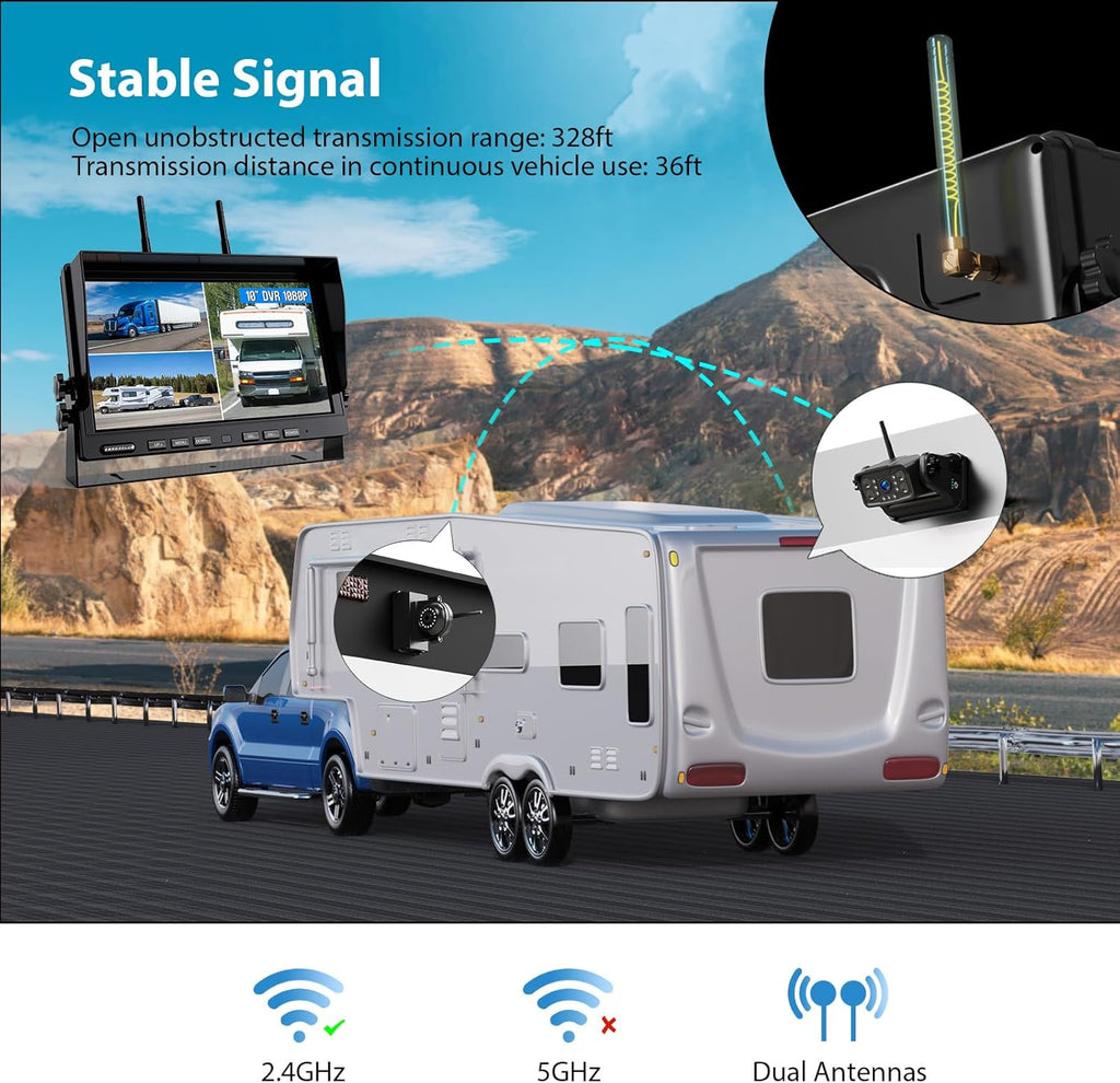 Magnetic RV Wireless Backup Camera, HD 1080P 10" Loop Recording Monitor, 2-Rear View 2-Side View Cameras Wireless System for RV Trailer Trucks, Built-in 9600mAh Battery, Night Vision- ZEROXCLUB BC104