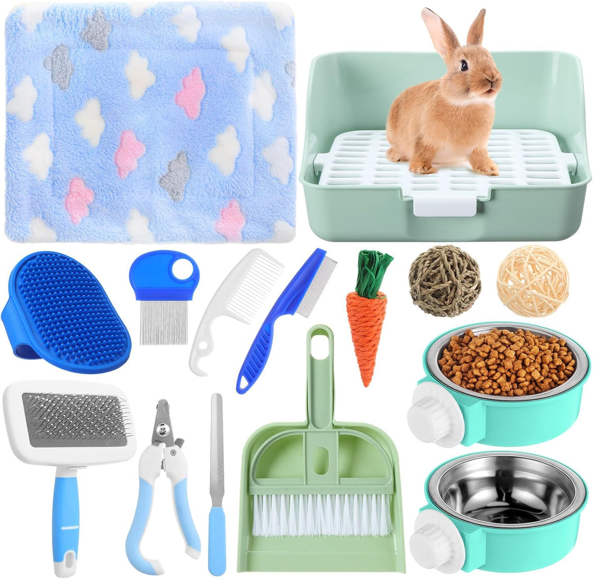 15 Pcs Rabbit Starter Kit Small Rabbit Litter Box Animal Grooming Kit Bunny Toys Bowl Blankets with Cleaning Set for Guinea Pig Accessories(Green)