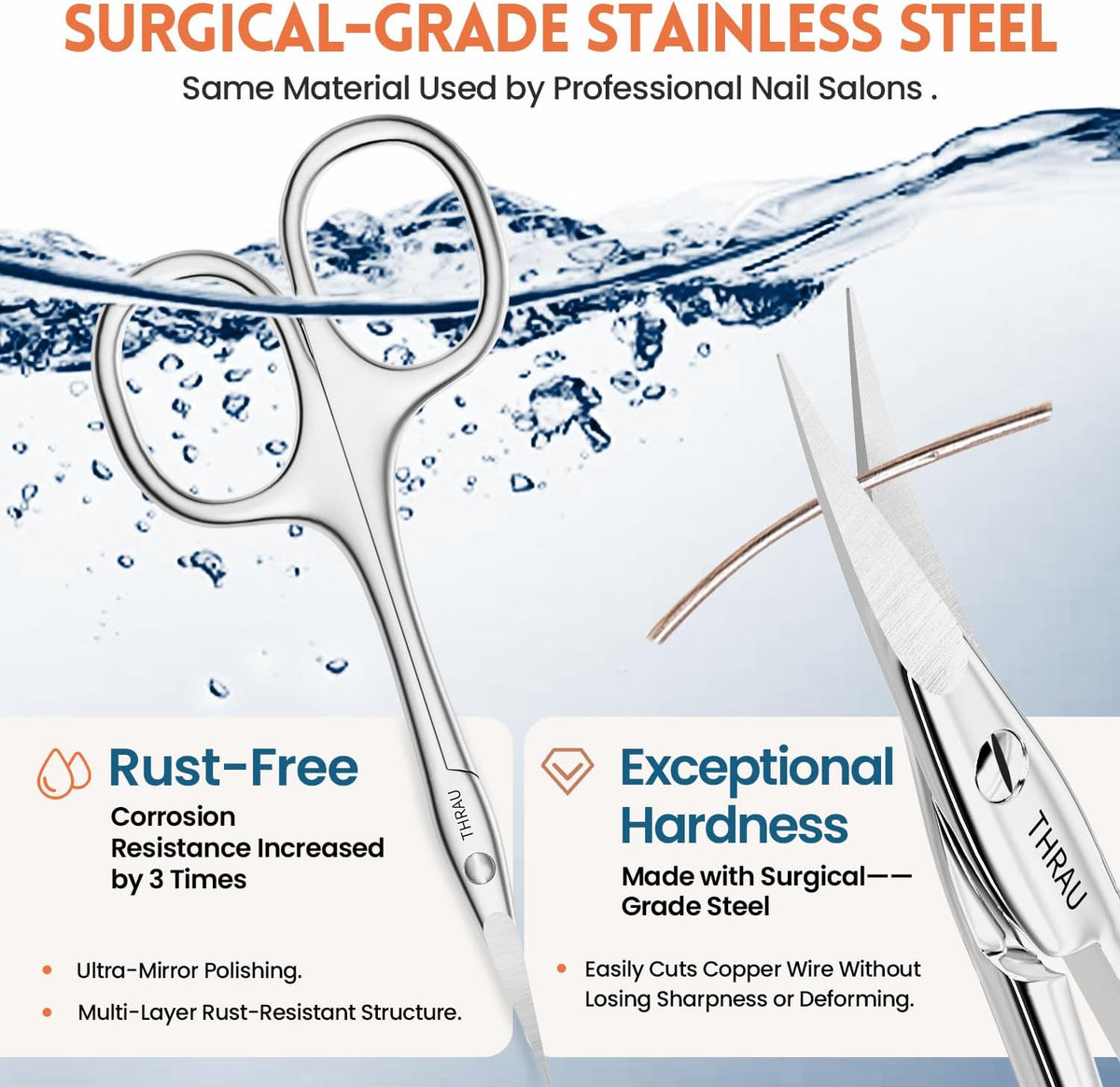 THRAU Left-Handed Cuticle Scissors – Surgical Grade Stainless Steel with Sharp Curved Tip for Cuticles, Nails, Eyebrows, Eyelashes, Nose Hair & Beard – Ideal for Manicure & Precise Grooming