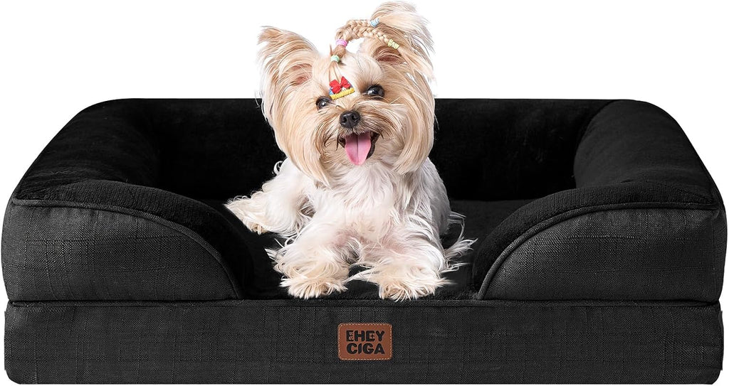 EHEYCIGA Orthopedic Dog Bed for Small Dogs, Waterproof Memory Foam Small Dog Beds with Sides, Non-Slip Bottom and Egg-Crate Foam Medium Pet Couch Bed with Washable Removable Cover, Black