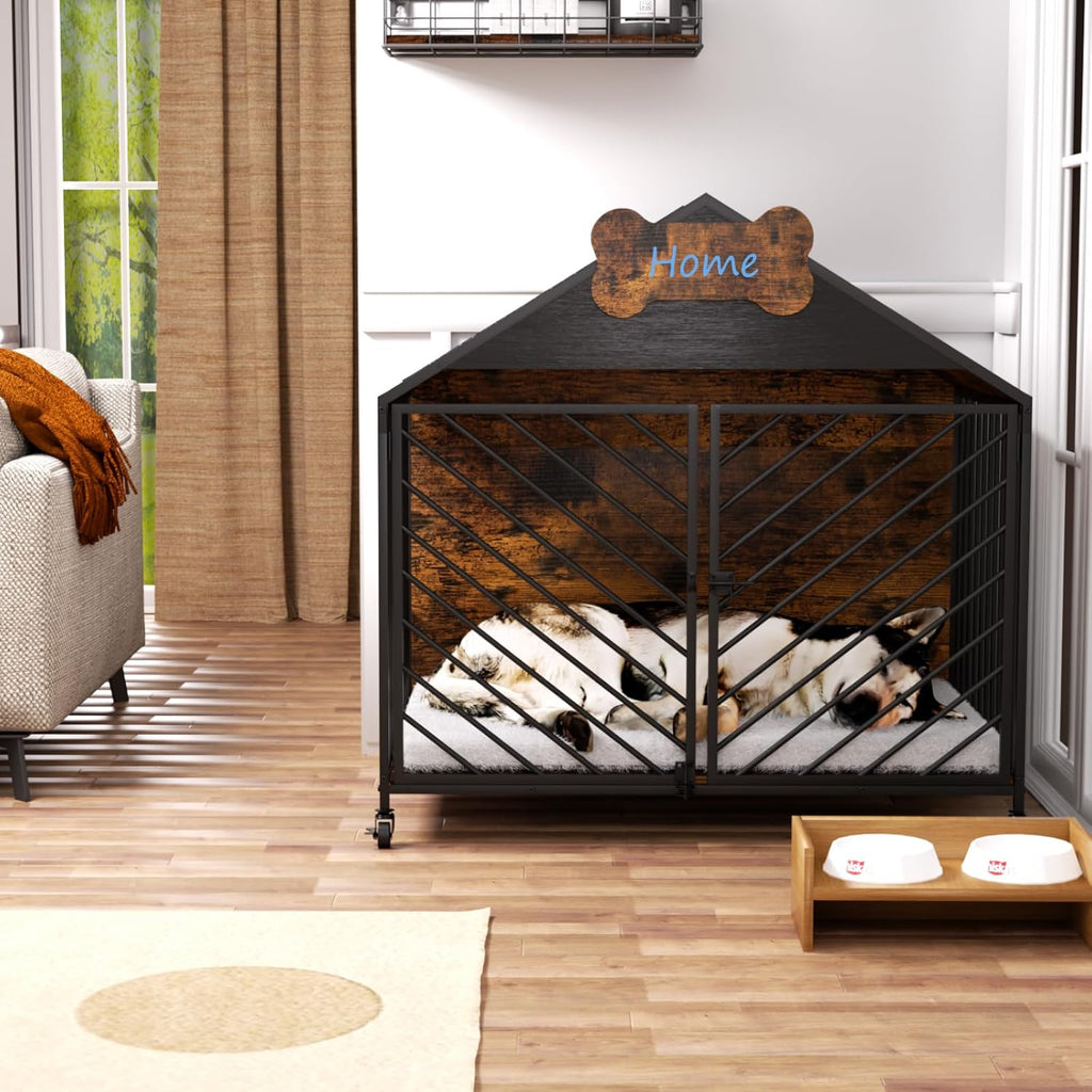 Heavy Duty Dog Crate Furniture for Large Breed - 39.4" Chew-Proof Kennel with Gable Roof, Double Door Escape-Proof Indoor Dog Cage, Rustic Brown