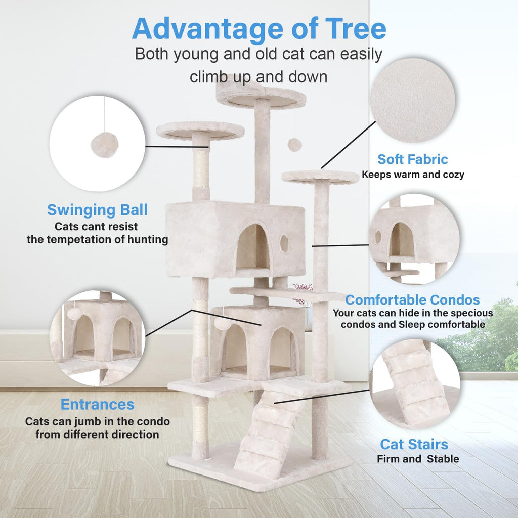 FDW Cat Tree 54in Cat Tower Multi-Level Durable Cat Scratching Post & Cozy Fun Cat Jumping Platform Space Saving Cat Condo Pet Play House for Indoor Cats,Beige
