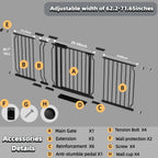 62.2"-71.65" Extra Wide Auto Closing Baby Safety Gate for Stairs & Doorways, Pressure Mounted No Drill Pet Gate with Walk-Through Door - Heavy Duty Childproof Gate for Toddlers, Kids, Dogs (Black)