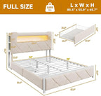 Full Upholstered LED Bed Frame with 2 Storage Drawers and 2-Tier Storage Headboard, Velvet Princess Platform Bed with Charging Station & Bookcase,Heavy Duty Metal Support,No Box Spring Needed,Beige