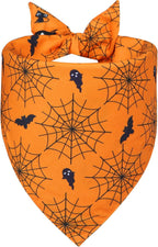 Halloween Dog Bandana for Small Dogs - Reversible Orange Jack-o-Lantern & Spiderweb Print Scarf - Soft & Quick-Dry for Costume Parties