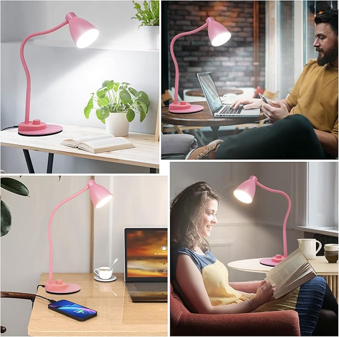 BOHON Cute Desk Lamp with USB Charging Port, Pink Lamp 3 Color Modes Dimmable LED Reading Lamp, Flexible Neck Auto Dimming Table Task Light for Home Office Dorm Bedside, Pink