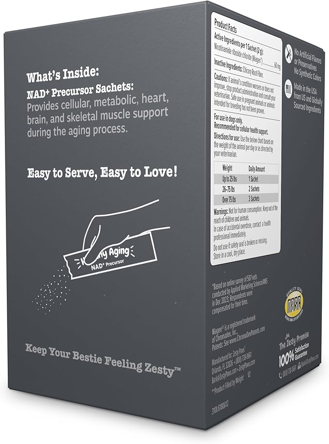 Zesty Paws NAD+ Precursor Supplement for Dogs - Niagen for Healthy Aging & Skeletal Muscle Support & Recovery - Brain, Heart, & Cellular Energy Support - Nicotinamide Riboside Chloride – 30 Sachets