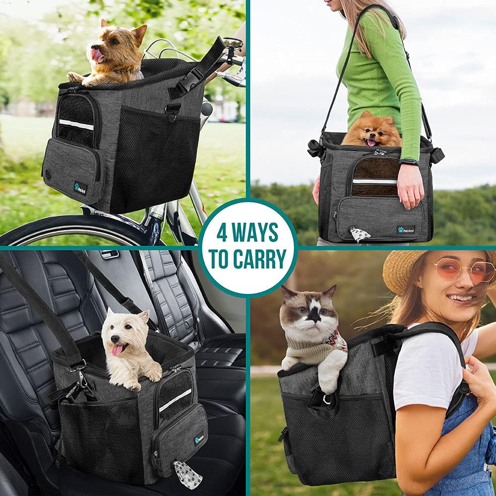 PetAmi Dog Bike Basket, Soft-Sided Ventilated Dog Bike Carrier Backpack, Pet Bicycle Basket for Bike Handlebar, Small Medium Puppy Cat Kitten Car Booster Seat with Safety Strap, Max 18 lbs, Dark Gray