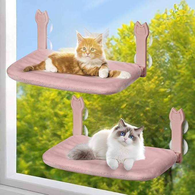 Cat Window Hammock 2-Pack,Foldable Cat Perch with Suction Cups & Metal Frame,Holds up to 40 lbs - Durable & Secure for Cats,Features 2-Sided Cushion & Easy Storage for Sunny Lounging(Brown)