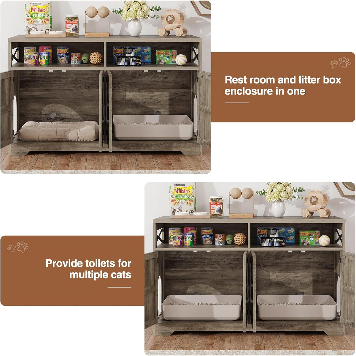 Cat Litter Box Enclosure for 2 Cats, 47" Hidden Litter Box Furniture Cat Washroom with Double Large Room, Farmhouse Indoor Litter Box Cabinet TV Stand, Grey