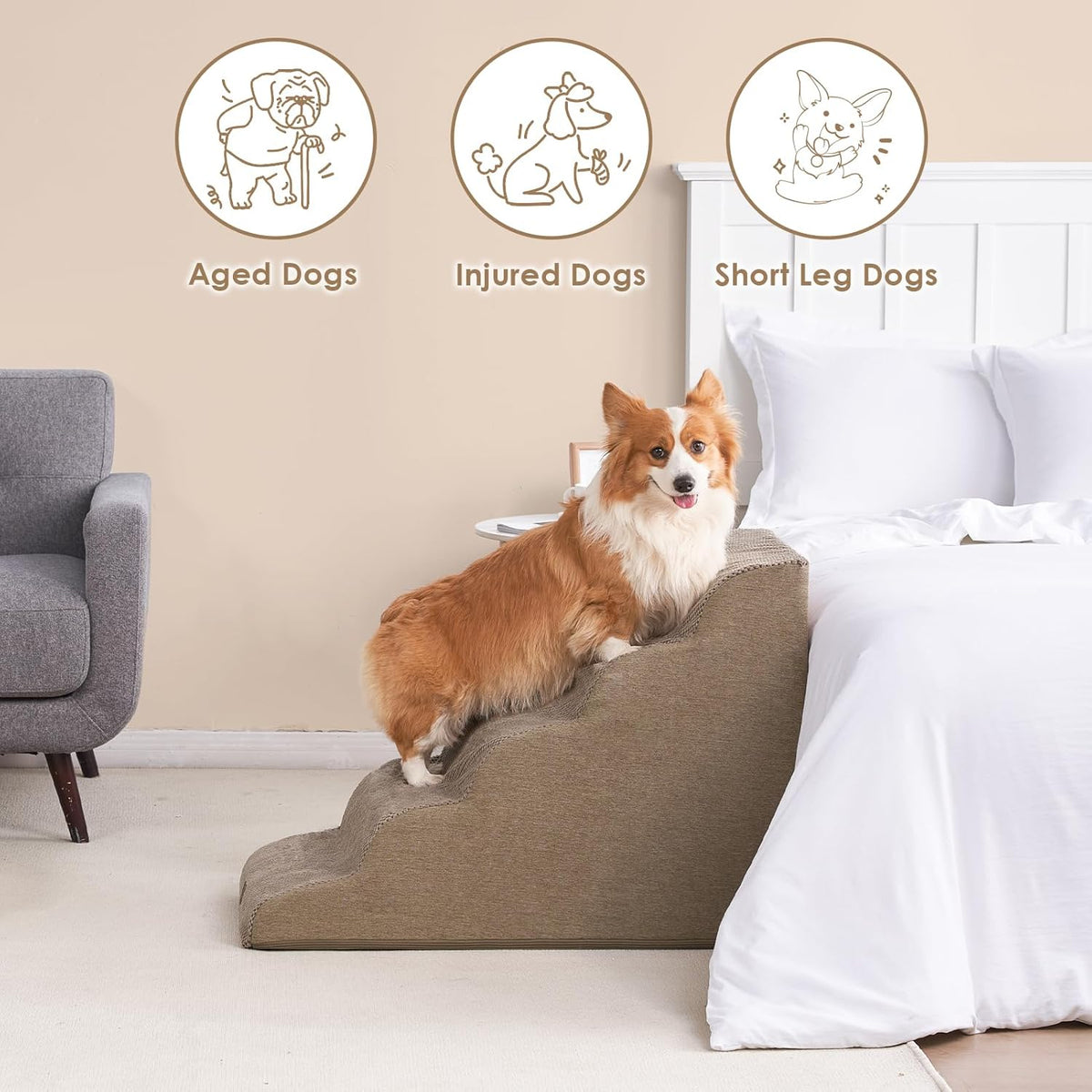 EHEYCIGA Curved Dog Stairs Ramp for High Beds, 5-Step Extra Wide Dog Steps for Small Dogs and Cats, Pet Stairs for High Bed Climbing, Non-Slip Balanced Pet Step Indoor, Camel