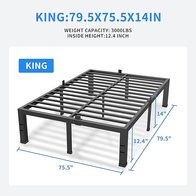 MAF King Bed Frame 14 Inch Heavy Duty Metal Platform BedFrame with Black Steel Slat Support Noise Free King-Bed-Frame, No Box Spring Needed