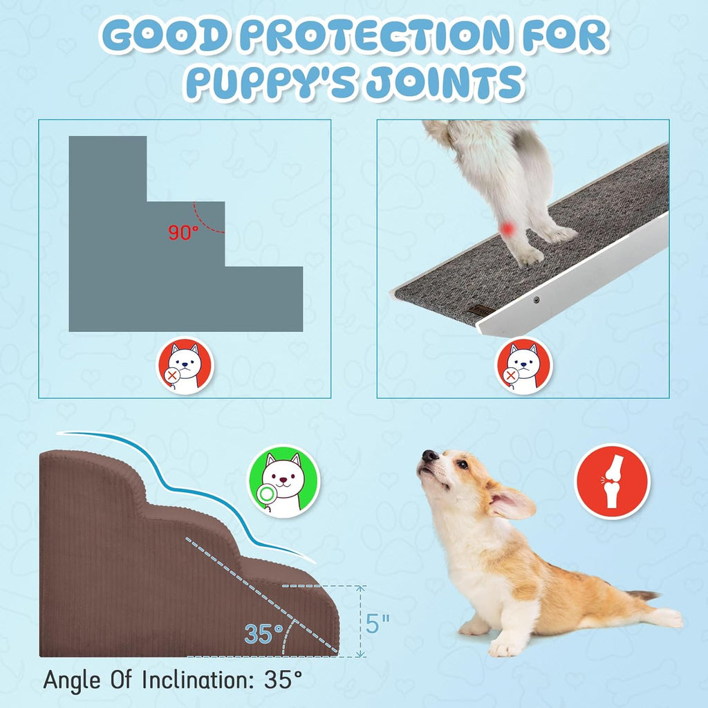 Dog Stairs & Steps for High Beds, 2 Steps High Density Foam Waterproof Dog Ramp for Small Dogs and Cats, Pet Stairs with Washable Cover for Bed, Couch, Sofa and Car, Coffee (H: 11.8")