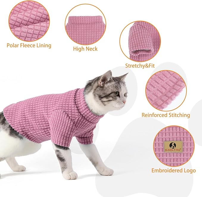 KOOLTAIL Cat Sweater for Sphynx - Soft Fleece Sweaters for Cats Only, Elastic Pet Clothes with Sleeves, Thick Winter Warm Cold Weather Apparel for Hairless Cat, Puppy Pajamas for Small Dogs, Pink M