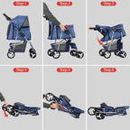 4 Wheels Dog Stroller Folding Pet Strolling Cart for Small Medium Cats Puppies Portable Jogger Travel Camping Puppy Carrier with Storage Basket Cup Holder, Navy Blue