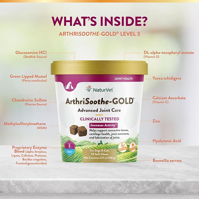 NaturVet ArthriSoothe-Gold Level 3 Advanced Joint Care for Dogs – Soft Chew Dog Supplement with Glucosamine, MSM, Chondroitin & Hyaluronic Acid – Wheat-Free Pet Supplements – 70 Ct.