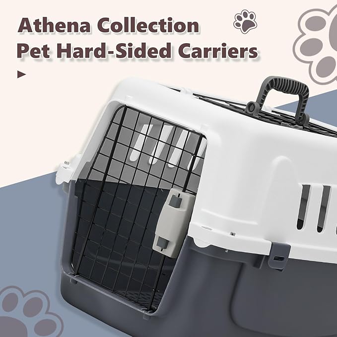 Athena Collection 22" Hard-Sided Travel Pet Carrier for Small Dogs and Cats, Plastic Dog Crate with 2-Door Top & Front Load, Ventilation, Security Lock, Cat Dog Carrier for Pet, up to 22lbs, Grey