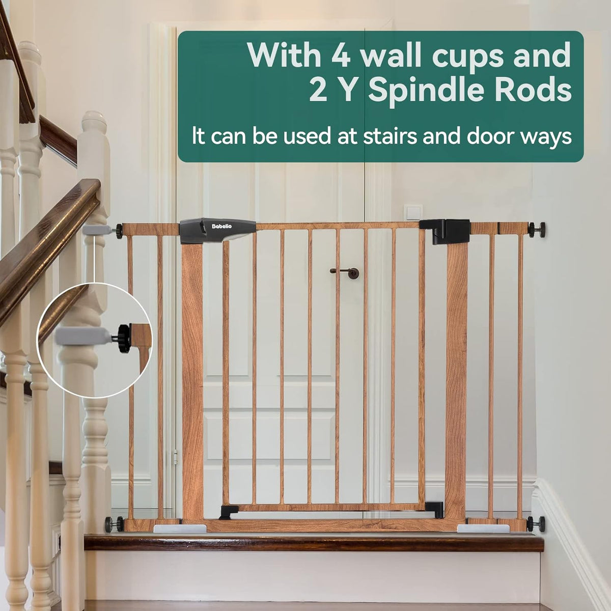 Mom's Choice Award Winner-BABELIO 26-40 Inch Metal Baby Gate with Wood Pattern, Easy Install Pressure Mounted Dog Gate, Ideal for Stairs and Doorways, with Wall Protectors and Extension Kits