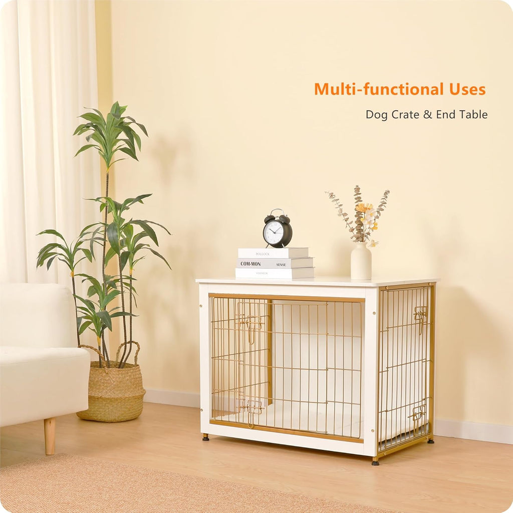 DWANTON Dog Crate Furniture with Cushion, Wooden Kennel Table with Double Doors, Indoor Dog House, Medium Size, 32.5" L, White