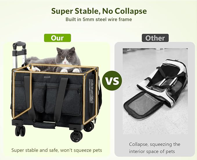 Pecute Cat Carrier with Wheels,Steel Wire Frame Cat Carrier, Stable Pet Trolley Bag for Cats, Pet Handbag and Stroller, Portable Cat Carrier Bag for Car Travel Bus Subway, Dark Grey