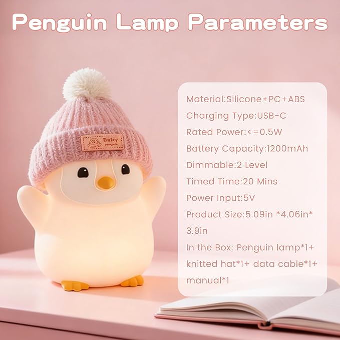 Penguin Night Light, Cute Pink Penguin Lamp with Knit Hat, Soft Silicone Nursery Nightlight for Baby, Rechargeable/Dimmable/Timer,LED Squishy Novelty Animal Bedside Lamp,Funny Gifts for Kids