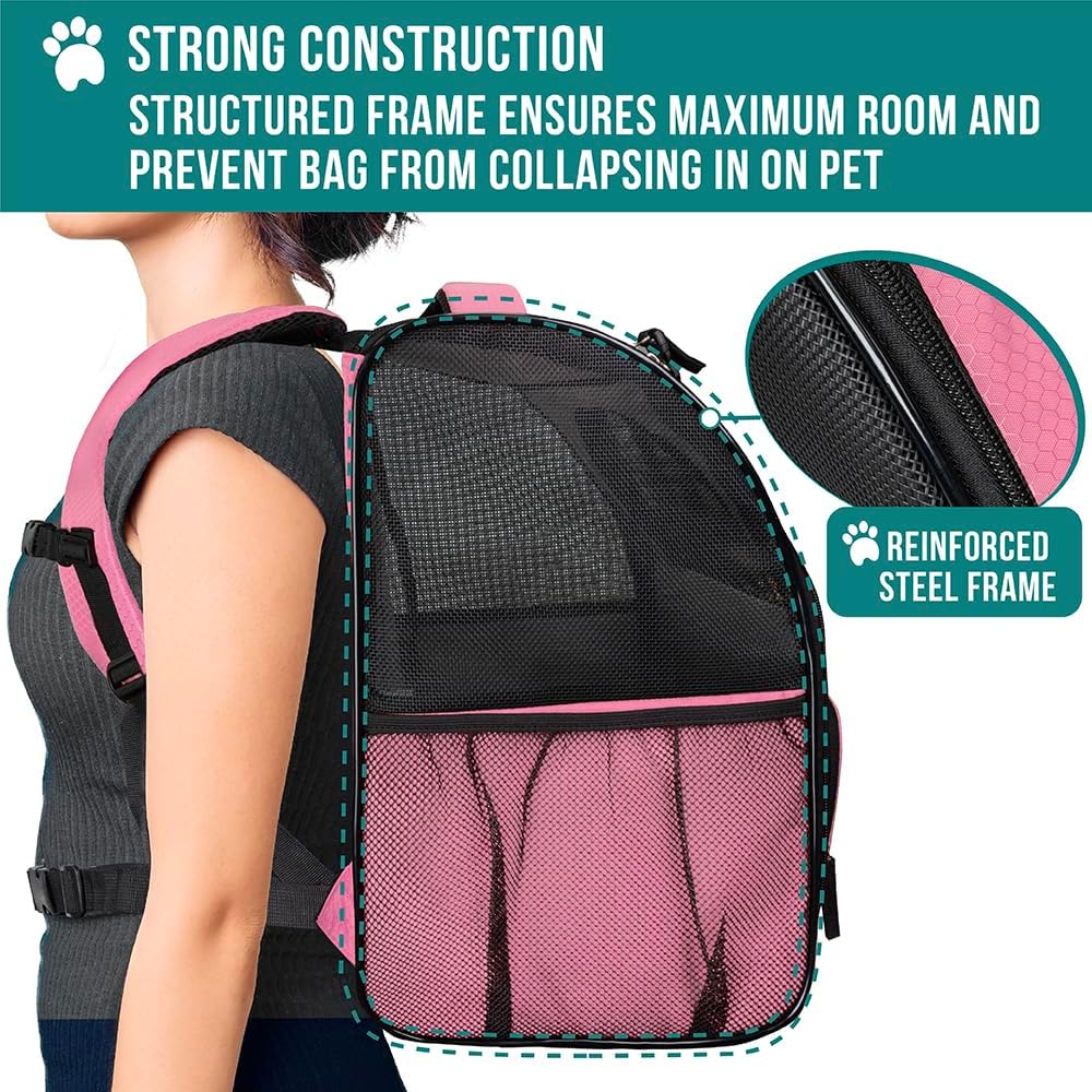 PetAmi Dog Backpack Carrier for Small Large Cat, Pet, Puppy, Ventilated Pet Hiking Backpack Travel Bag, Airline Approved Cat Backpack Carrier, Camping Biking Dog Bag Up to 18lbs Pet, Pink