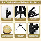 16-63 Inch Height Adjustable Bird Perch Pepper Wood Parrot Training Perch Stand with Feeding Cups and Swing Toy Parakeet Perches Indoor and Outdoor Parrot Stands for Small to Medium Bird