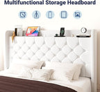 Allewie Full Size Bed Frame, Storage Headboard with Charging Station, Wingback Velvet Upholstered, Diamond Stitched Button Tufted, Sturdy Wooden Slats, No Box Spring Needed, Easy Assembly, White